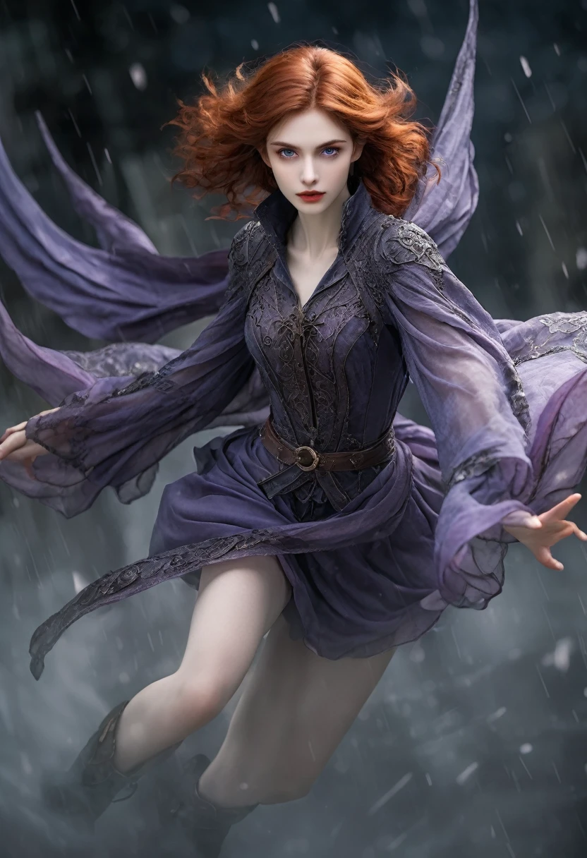 very young vampire princess,, breathtakingly beautiful, deep blue eyes, Red hair,(best qualityer,4K,8k,high resolution,work of art:1.2),ultra detali,(realisitic,photorealisitic,photo-realisitic:1.37, raw quality),softly glowing pale skin,pure blood,porcelain complexion,elegant and refined features,funny posture,dark and mysterious atmosphere,gothic fashion,black flowing lace dress,touch of red in your clothes,delicate silver jewelry with ruby details,subtle smile, but captivating,slightly pointed canines,translucent wings that resemble bat wings,subtle shimmering effect on their wings,gardens full of blooming blood roses,bright red petals contrasting with the darkness,enchanting moonlit night,dark and eerily beautiful castle in the background,splashes of moonlight illuminating its ethereal beauty,dark shadows and dramatic lighting,icy gaze that freezes the heart of anyone who dares to look at her,air of authority and power,symbol of danger and fascination,night sky filled with swirling mist and twinkling stars,subtle color palette with deep blue tones,purple,and black,soft lighting with soft moonlight casting an ethereal glow,vibrant and elegant style,with a touch of darkness and mystery,portraits,fancy,horor,cementary
