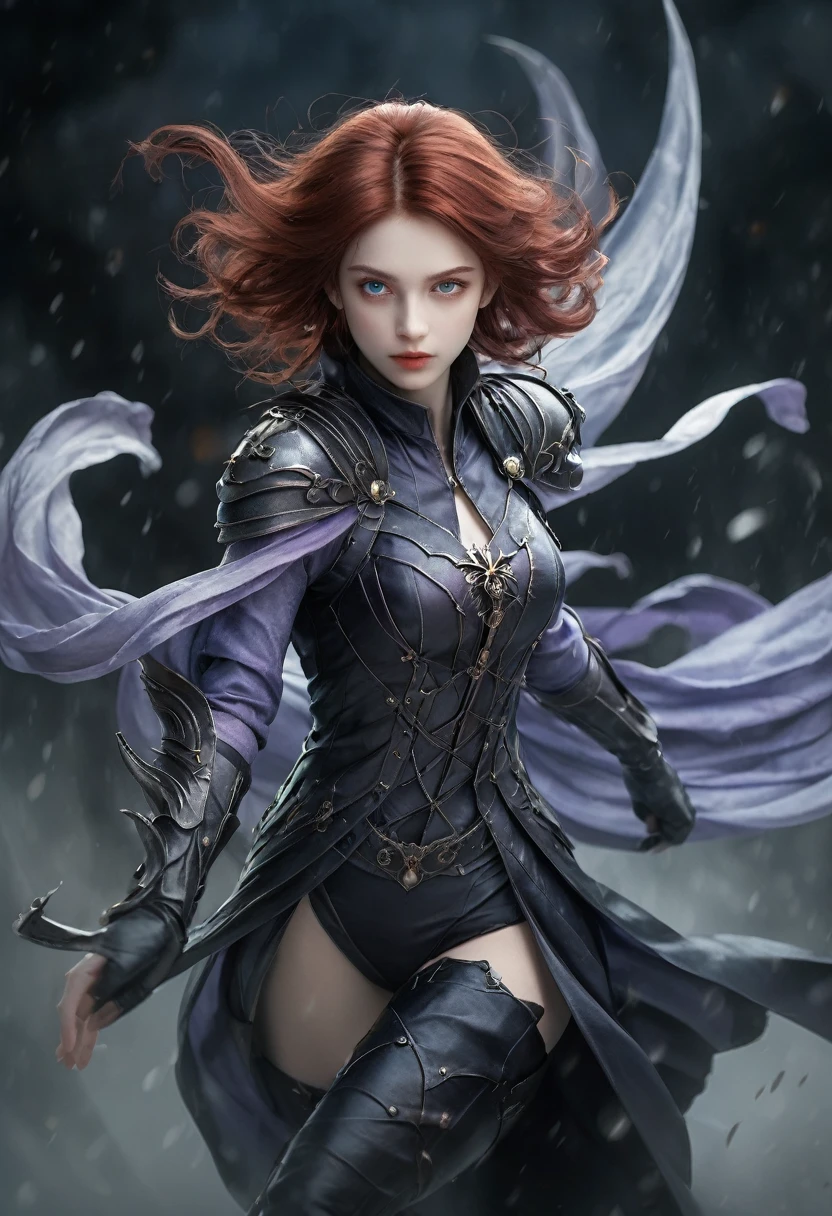 very young vampire princess,, breathtakingly beautiful, deep blue eyes, Red hair,(best qualityer,4K,8k,high resolution,work of art:1.2),ultra detali,(realisitic,photorealisitic,photo-realisitic:1.37, raw quality),softly glowing pale skin,pure blood,porcelain complexion,elegant and refined features,funny posture,dark and mysterious atmosphere,gothic fashion,black flowing lace dress,touch of red in your clothes,delicate silver jewelry with ruby details,subtle smile, but captivating,slightly pointed canines,translucent wings that resemble bat wings,subtle shimmering effect on their wings,gardens full of blooming blood roses,bright red petals contrasting with the darkness,enchanting moonlit night,dark and eerily beautiful castle in the background,splashes of moonlight illuminating its ethereal beauty,dark shadows and dramatic lighting,icy gaze that freezes the heart of anyone who dares to look at her,air of authority and power,symbol of danger and fascination,night sky filled with swirling mist and twinkling stars,subtle color palette with deep blue tones,purple,and black,soft lighting with soft moonlight casting an ethereal glow,vibrant and elegant style,with a touch of darkness and mystery,portraits,fancy,horor,cementary
