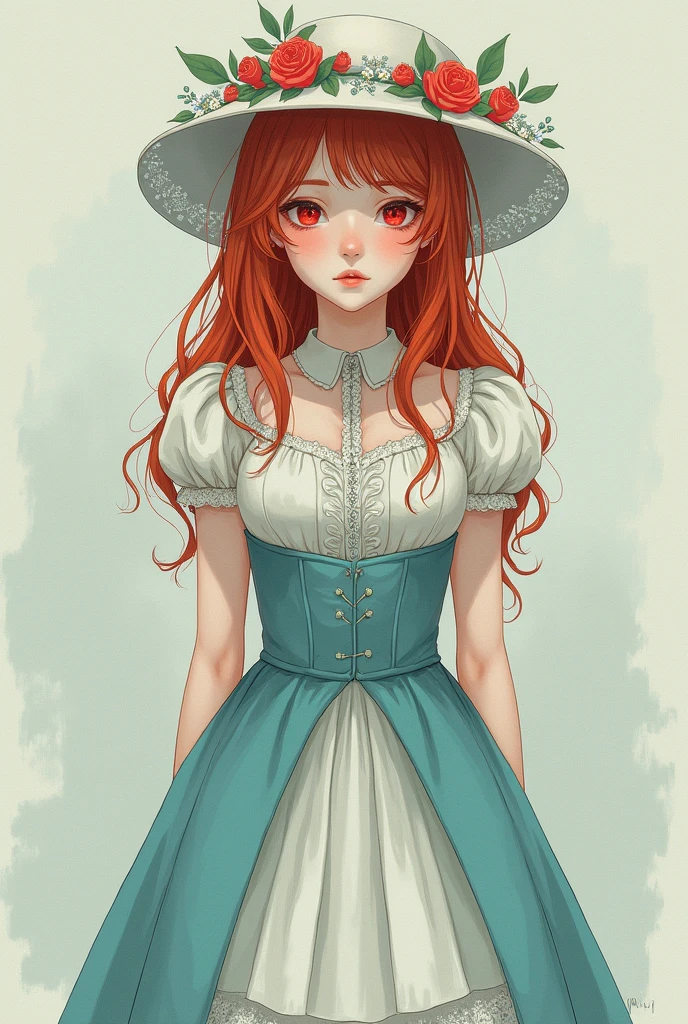 Drawing delicate lines, sketch, romantic, cold colors, 


Thin teenager, young, gentle ,con rasgos delicados y gentles. Long red hair with waves, red pupils, Long straight hair, abundant, fine rostrum, delicate body.

clothing details: She wears a knee-length Victorian Lolita dress, white and turquoise, with high neck and thin arms uncovered, lace hat to protect her from the sun. 

Accessories: Crown of flowers
