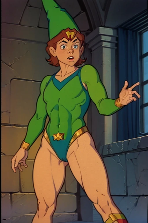 a redhead cartoon character, wonder woman outfit, green leotard, very muscular,  male wizard, 1980s cartoon, animated episode still, Presto (((mad))), ((Wears a wizard hat))