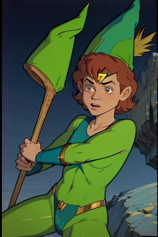 a redhead cartoon character, wonder woman outfit, green leotard, very muscular, male wizard, 1980s cartoon, animated episode still, Presto (((mad))), ((Wears a wizard hat))