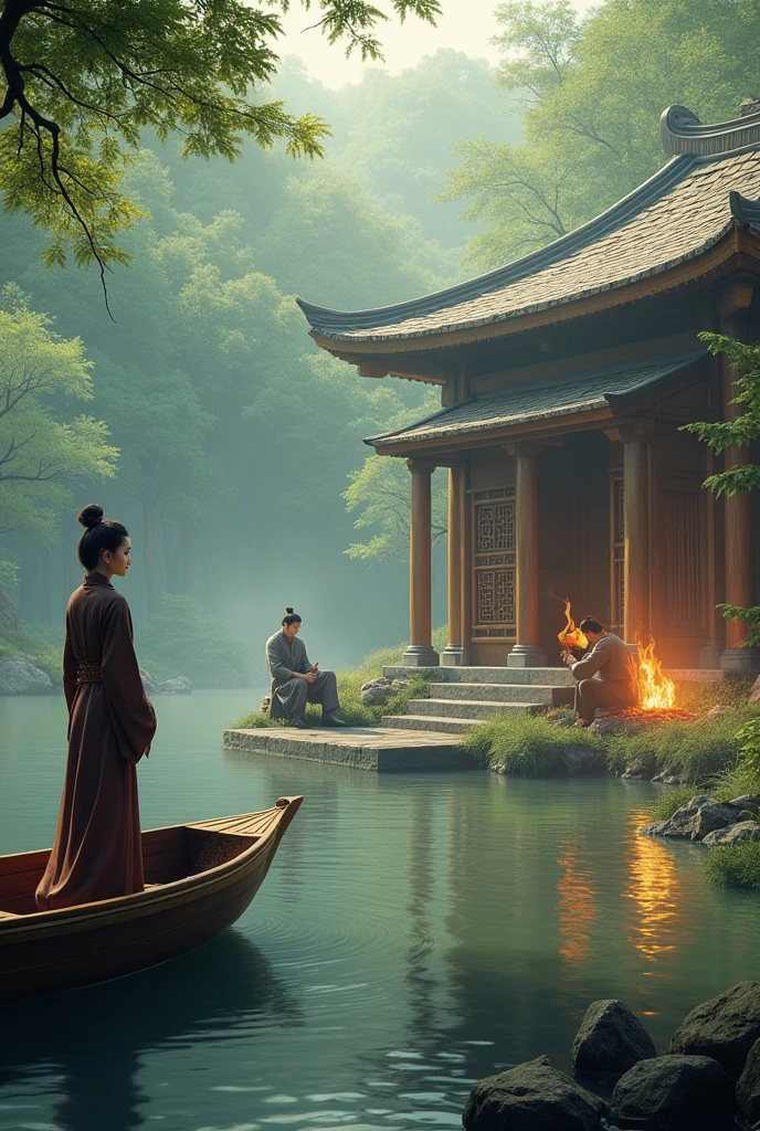 A young woman in a dark brown dress of a Han Fu Dynasty official stands on a boat sailing into the harbor in front of a large wooden house in a large forest area. A young man in a gray hunter's suit is sitting by a campfire roasting wild chickens. The atmosphere is gentle wind blowing and sunlight shines through the wooden house.