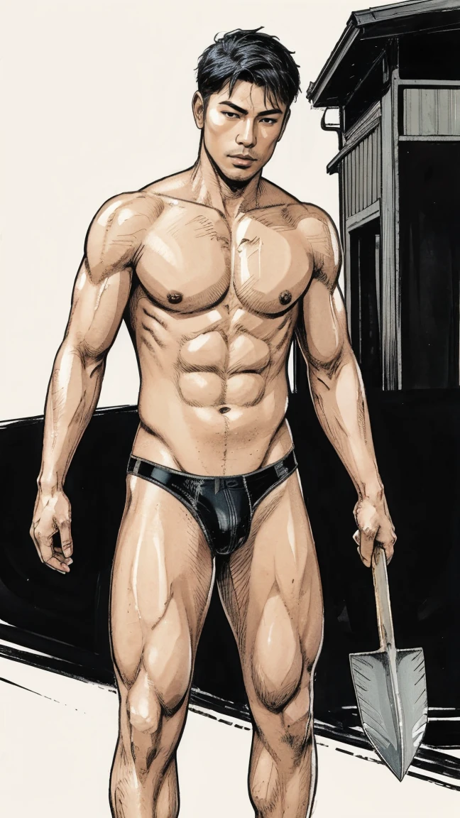 Masculine Asian Men carry Shovel, he carrying a shovel, his not using any clothes, nude naked, shirtless, his only wear sheer bikini underwear, He showing off his body without same, Full body portrait from head to toe, Full body masterpiece, Comic Artstyle, Detailed.