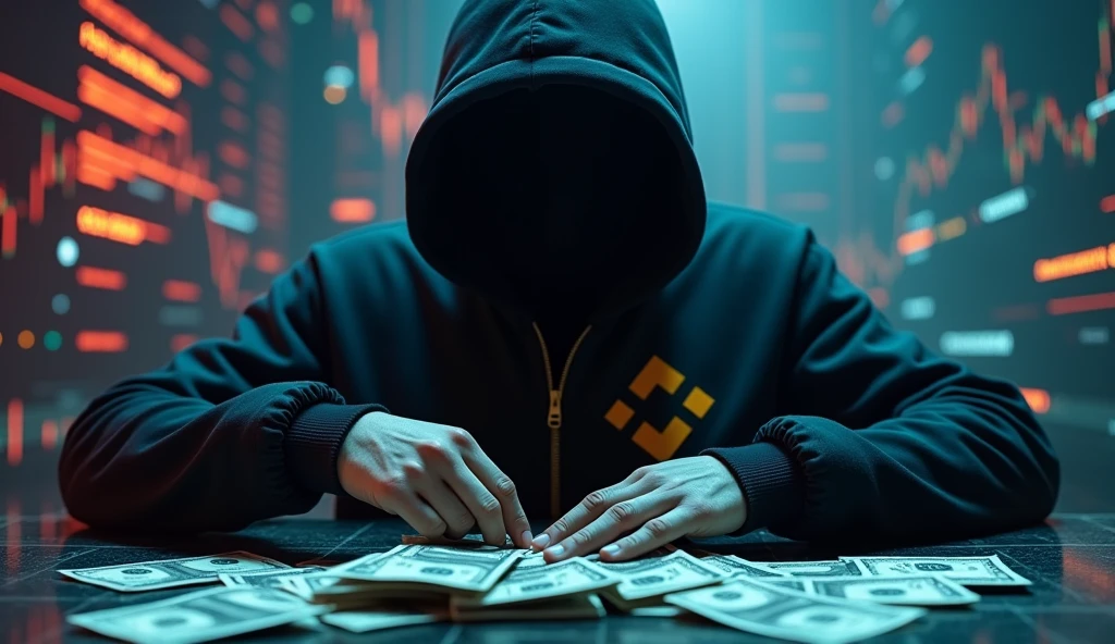 (photorealism:1.2),
* **Characters:** Hooded hacker with no face and broken binance logo
* **Description:** Animation showing hacker position as cybercriminals counting dollars in 100 dollar bills$
* **outfit:** hoodie
* **place:** Cyberspace
* **Action in the background:** Global Charts, swap icons
* **type of plan:** broad
* **style:** Motion graphics, abstract lines and shapes
