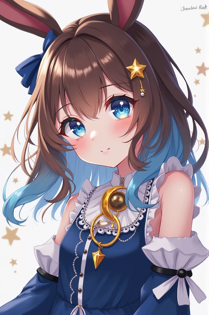 Anime style girl white skin brown hair loose with blue wavy hair tips, rabbit ears. Blue eyes with white six-pointed stars in each eye. Astronomy-themed fancy dress. Gold moon jewelry. Star decoration on the right side of the hair. Non-sexualized, frilly clothes