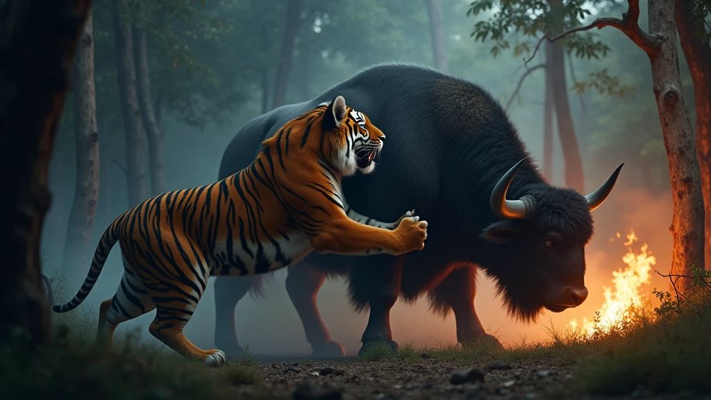 One big monster tiger chase attack one buffalo in the forest at night nearby the fire 8k