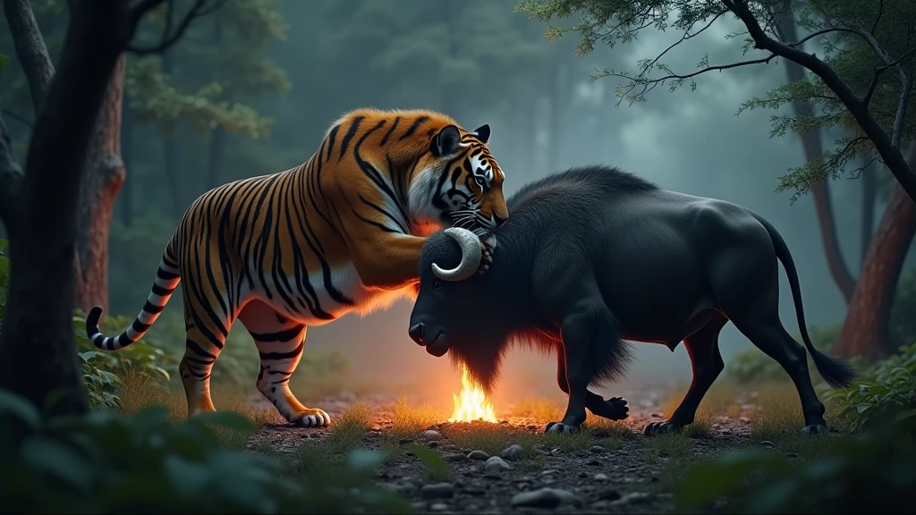 One big monster tiger chase attack one buffalo in the forest at night nearby the fire 8k
