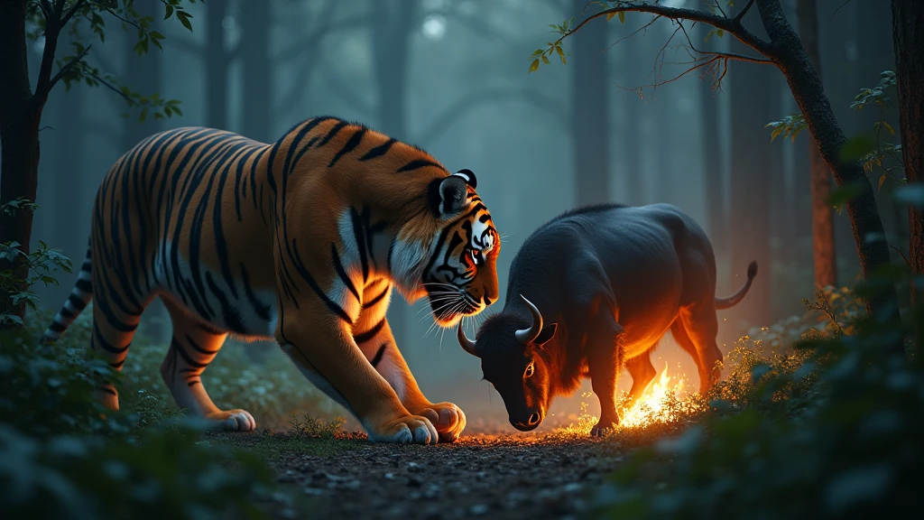 One big monster tiger chase attack one buffalo in the forest at night nearby the fire 8k  