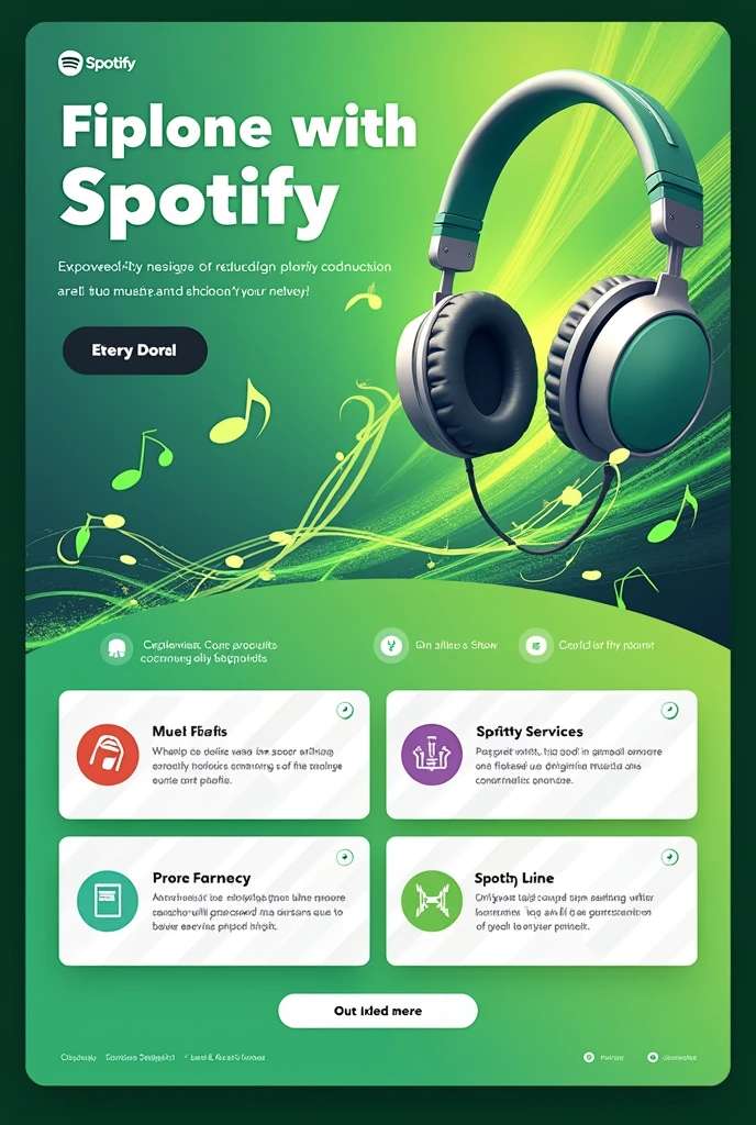 You are an advertising marketing professional, I need you to create a flayer, with spotify music theme, in which at the bottom I have 4 boxes of the same size that allow me to add my services, You can be very creative, add things related to music to the design, must not have any words or letters written on it, create something where i can offer my spotify products, primarily use related colors, green and white, that are the base colors, may include others, The design must be creative and include things related to music..