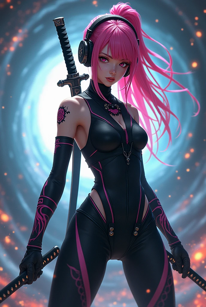 Full body ninja girl,with headphones on and pink hair,in a batalka pose and with two katanas crossed on the back.visualize the whole body down to the shoes.in wormhole camera angle.