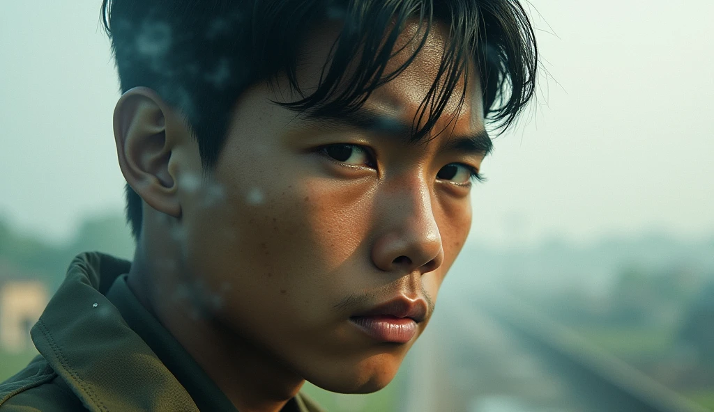 a double exposure portrait of a young man, 1945 Indonesian war background, cinematic lighting, dramatic shadows, shimmering film grain, moody atmosphere, muted color palette, intricate details, powerful emotion, high contrast, expressive facial features, dynamic composition, masterful painting style, museum quality, ultra-realistic, flawless execution, breathtaking beauty