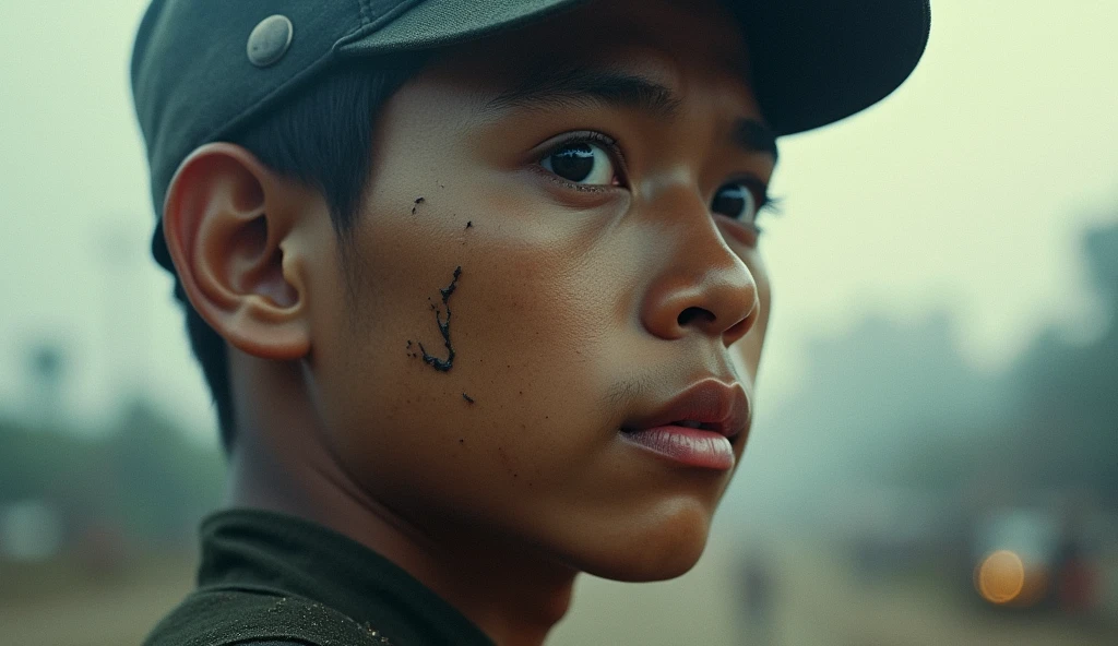 a double exposure portrait of a young man, 1945 Indonesian war background, cinematic lighting, dramatic shadows, shimmering film grain, moody atmosphere, muted color palette, intricate details, powerful emotion, high contrast, expressive facial features, dynamic composition, masterful painting style, museum quality, ultra-realistic, flawless execution, breathtaking beauty