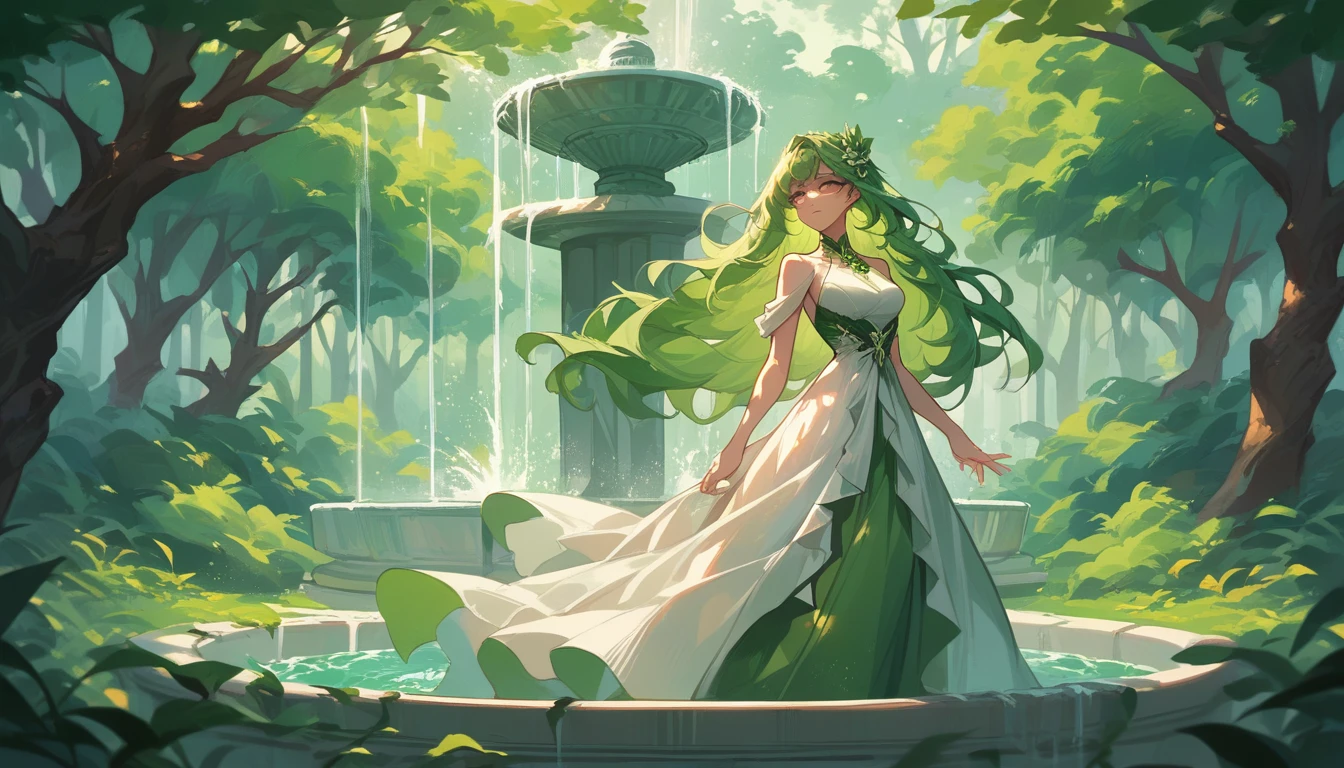 The goddess of spring, emerald green hair, long hair that reaches the waist, Scene of rising from the fountain, Floating in the great fountain, Sunlight filtered through forest trees, white gown