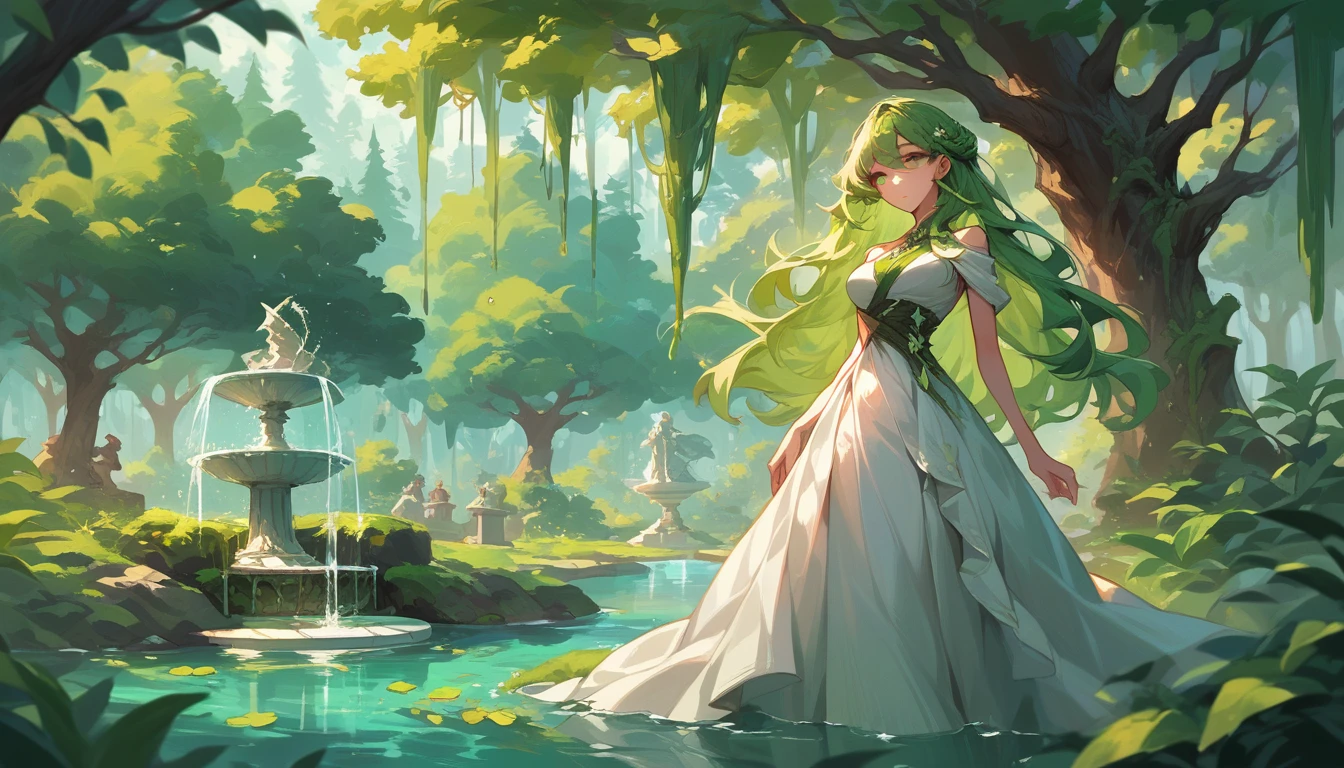 The goddess of spring, emerald green hair, long hair that reaches the waist, Scene of rising from the fountain, Floating in the great fountain, Sunlight filtered through forest trees, white gown