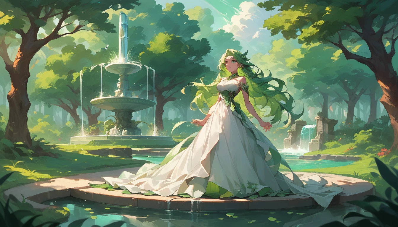 The goddess of spring, emerald green hair, long hair that reaches the waist, Scene of rising from the fountain, Floating in the great fountain, Sunlight filtered through forest trees, white gown