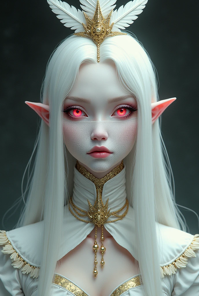 Drawing style like a dark fantasy, Bad-faced woman with small, slanted, almost red pink eyes but with totally albino white hair and eyelashes with skin as pale as snow, She wears a white mesh in the middle of her face that covers her face a little and a small feather headdress on top of her hair., elegant white clothes like a duchess, clothes full of gold accessories. His expression is almost always arrogant.. Pink undertones in illustration