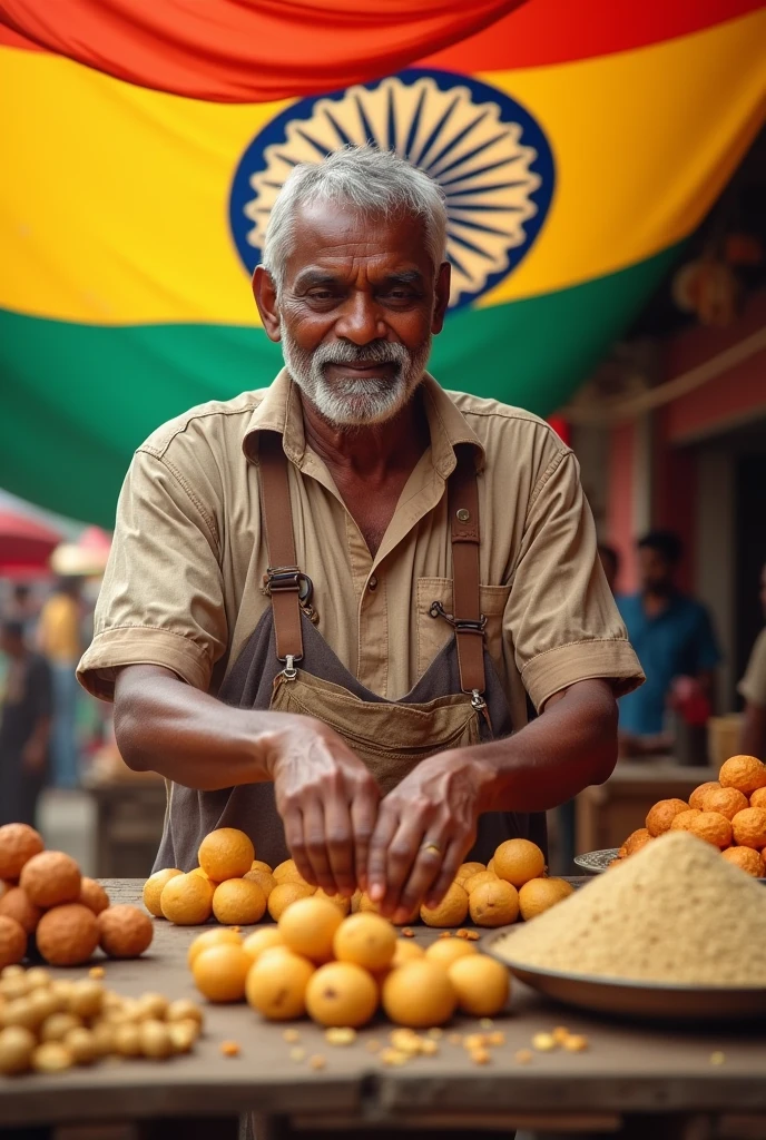 A black man from karnataka with karnataka flag behind his stall selling finger Millet and ragi ball