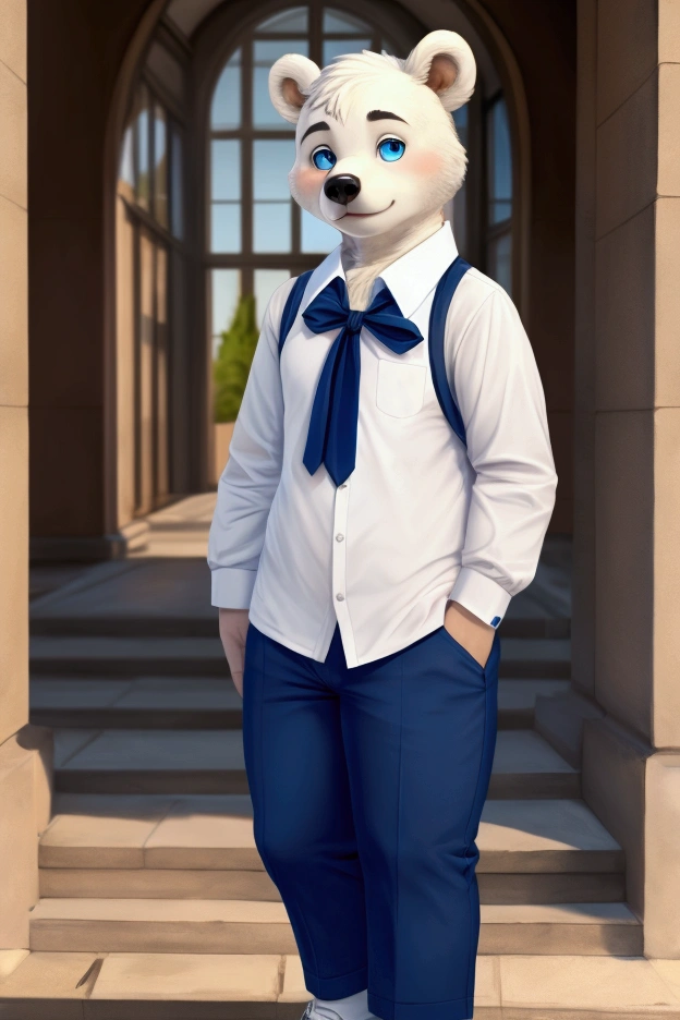 Little slim macho bear with nice big thighs and white fur and cute blue eyes and he is wearing a school uniform with full body pants and he is .