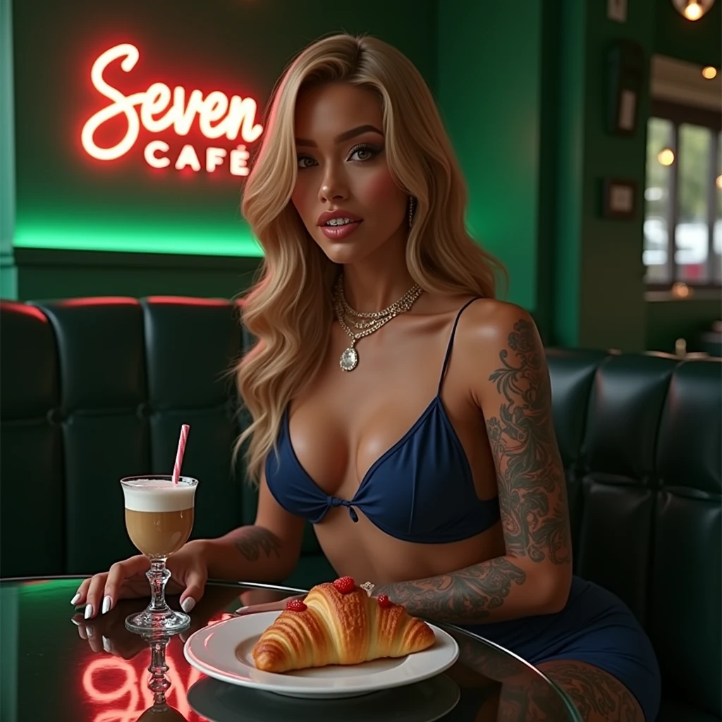 A natural brown-skinned Blasian female with long, wavy golden hair and braces, flawless eyebrows, plump lips, and tattoos is wearing a navy blue two-piece outfit and blue knee-high boots, adorned with a diamond chain, Image of a large strawberry vodka espresso with egg and bacon croissant sandwich on the side, placed on a clear crystal black table. In the background, there’s a dark luxury green room with a green sign that says 'Seven Cafe' on the wall
