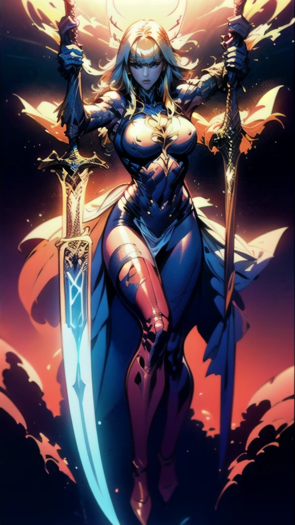 (full body portrait), Magik of X-men, Illyana Rasputin with long white hair, piercing blue eyes, wearing a low cut unitard with high cut legs, tight thigh high boots, holding a glowing magical sword, jumping with sword raised back behind head, huge overhead swing of sword, floating in a mystical realm with swirling energy, (best quality,8k,highres,masterpiece:1.2),ultra-detailed,realistic,photorealistic,photo-realistic:1.37,concept art,dark fantasy,digital painting, dramatic lighting, cinematic, intricate details,ethereal,otherworldly atmosphere, no bra, (torn clothes:1.3)