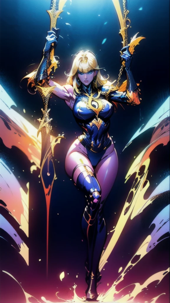 (full body portrait), Magik of X-men, Illyana Rasputin with long white hair, piercing blue eyes, wearing a low cut unitard with high cut legs, tight thigh high boots, holding a glowing magical sword, jumping with sword raised back behind head, huge overhead swing of sword, floating in a mystical realm with swirling energy, (best quality,8k,highres,masterpiece:1.2),ultra-detailed,realistic,photorealistic,photo-realistic:1.37,concept art,dark fantasy,digital painting, dramatic lighting, cinematic, intricate details,ethereal,otherworldly atmosphere, no bra, (torn clothes:1.3)