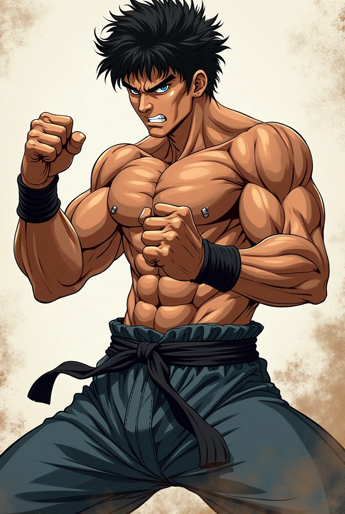 Make me a drawing of Baki Hanma from the anime fighting