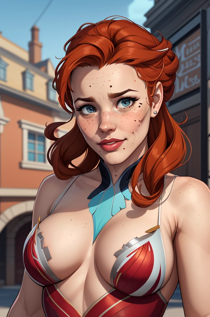 Beautiful GTA style pose in portrait mode Cartoon character in dynamic pose two women together with freckles on face Disney Princess Queen Anna of Arendelle with 1,60cm on the left and together with a symmetrical body and beautiful breasts, well-defined body, delicate and sensual, cartoon style, GTA style portrait mode digital illustration