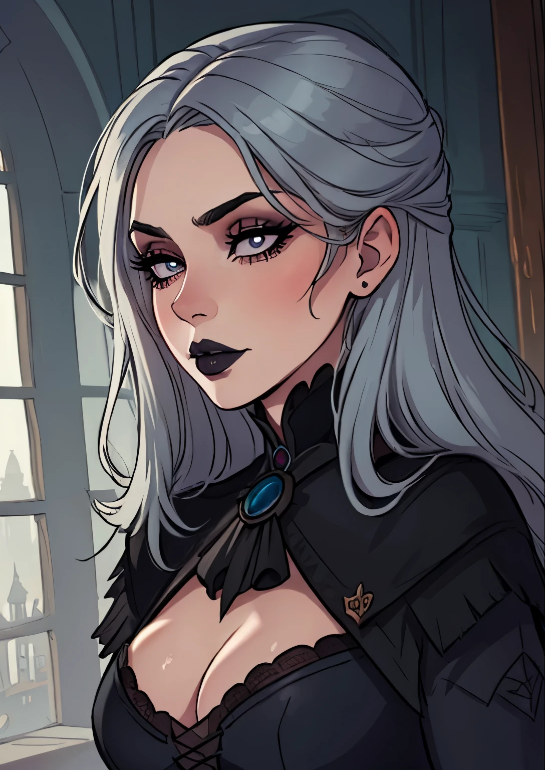 malsterpiece, best quality, 1female, beautiful, face portrait, deep dark makeup, lipstick, face focus, 1girl, goth, victorian, ladyMaria, gray hair