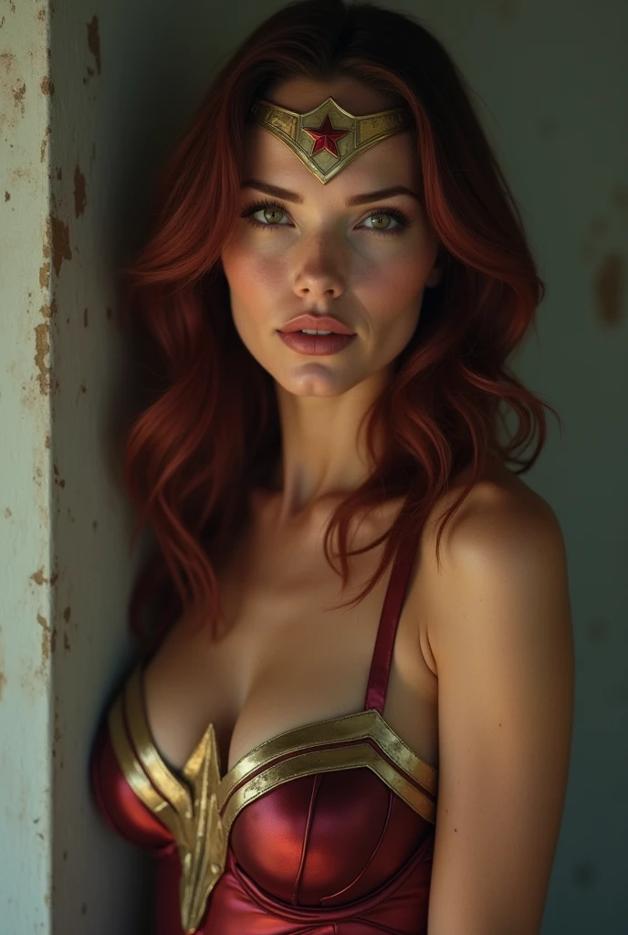 Scarlett Johansson, (bandage:1.3), (bdsm:1.1), beautiful body, beautiful breasts, shorts, burgundy hair, cosplay Wonder Woman, shot on dslr, detailed face, cinematography, maximum details, neutral colors, hdr, muted colors, soft cinematic light, insane details, intricate details, hyperdetailed, masterpiece, 8k, wallpaper, (detailed), high quality, ((high detailed skin, skin details)), sharp focus, 8k uhd, dslr, film grain