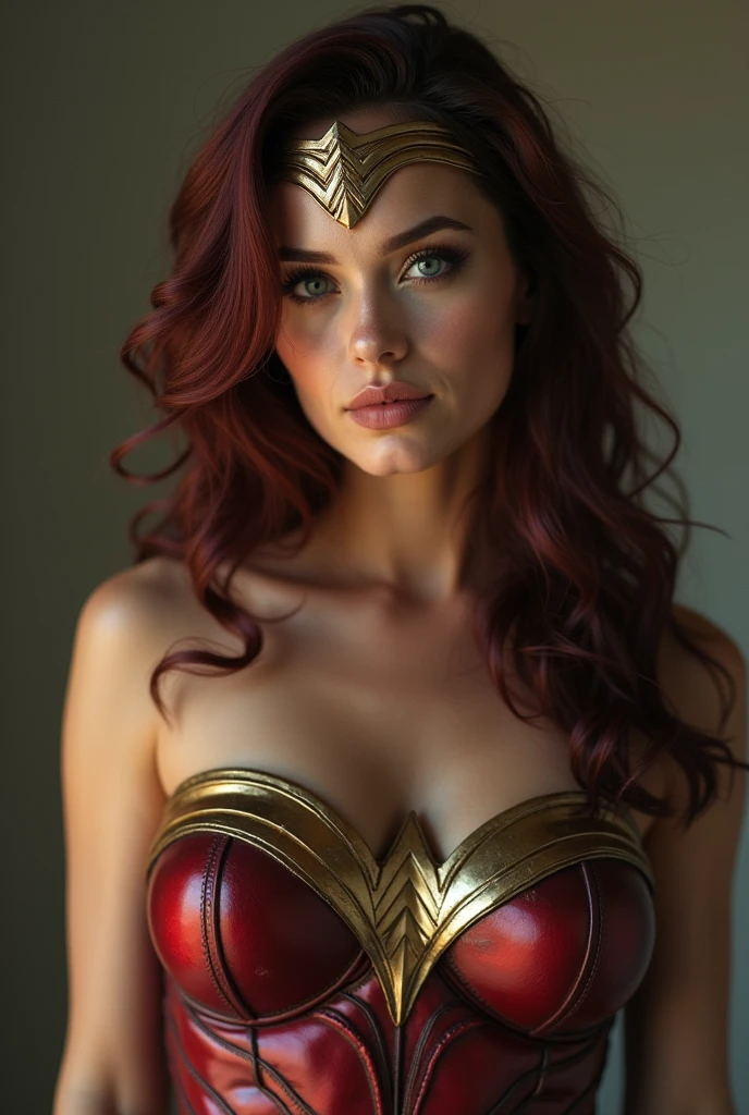 Scarlett Johansson, (bandage:1.3), (bdsm:1.1), beautiful body, beautiful breasts, shorts, burgundy hair, cosplay Wonder Woman, shot on dslr, detailed face, cinematography, maximum details, neutral colors, hdr, muted colors, soft cinematic light, insane details, intricate details, hyperdetailed, masterpiece, 8k, wallpaper, (detailed), high quality, ((high detailed skin, skin details)), sharp focus, 8k uhd, dslr, film grain