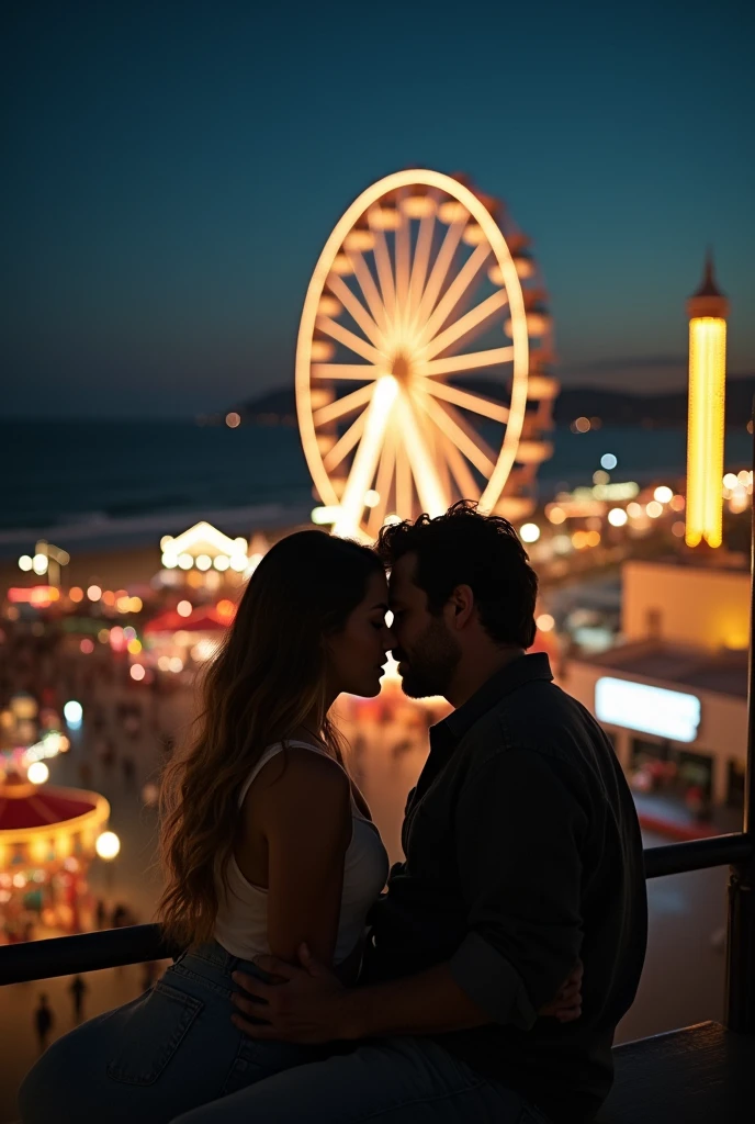 A cinematic still frame captured at night of Mikayla Demaiter and Bradley Cooper ridin the ferris wheel at the Santa Monica Pier after dark, 