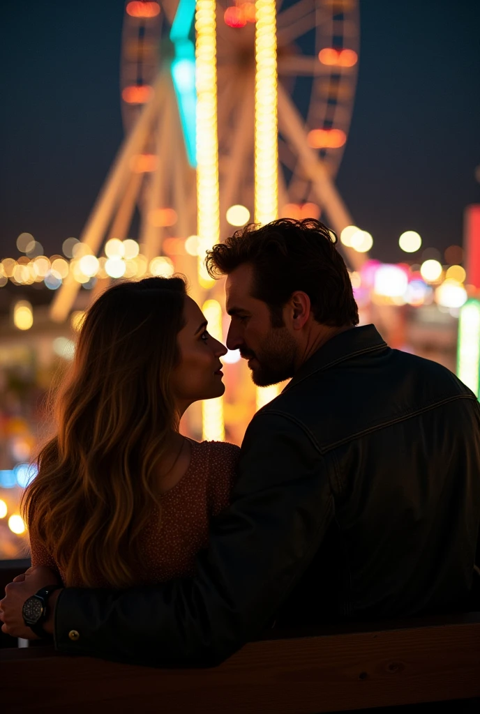 A cinematic still frame captured at night of Mikayla Demaiter and Bradley Cooper ridin the ferris wheel at the Santa Monica Pier after dark,