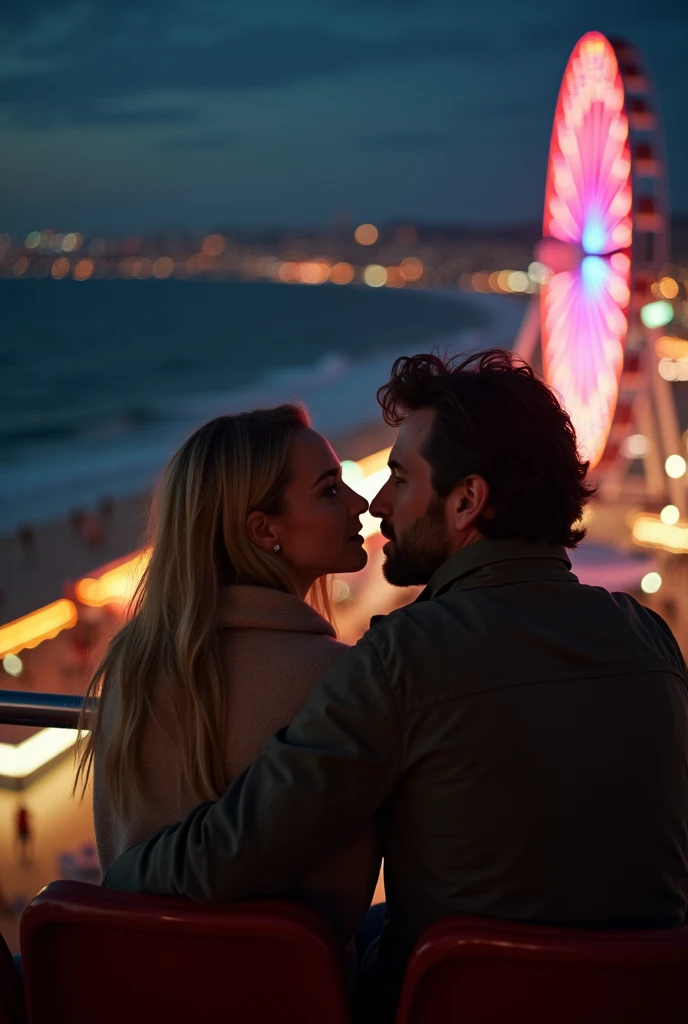 A cinematic still frame captured at night of Mikayla Demaiter and Bradley Cooper ridin the ferris wheel at the Santa Monica Pier after dark,