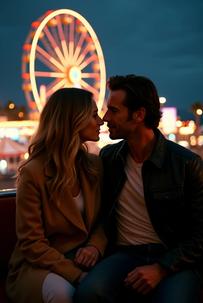 A cinematic still frame captured at night of Mikayla Demaiter and Bradley Cooper ridin the ferris wheel at the Santa Monica Pier after dark, 