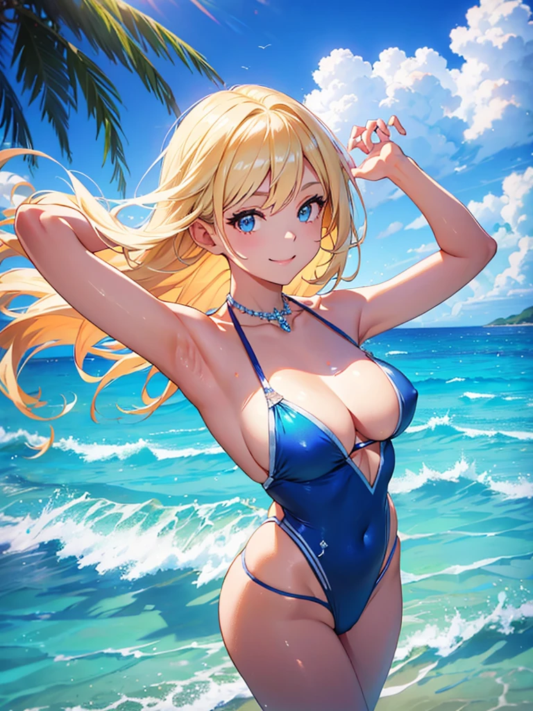 blue sky,Beautiful, crystal clear sea,beach,A beautiful girl looking at the viewer with her arms outstretched,smile,Blonde,Swimwear