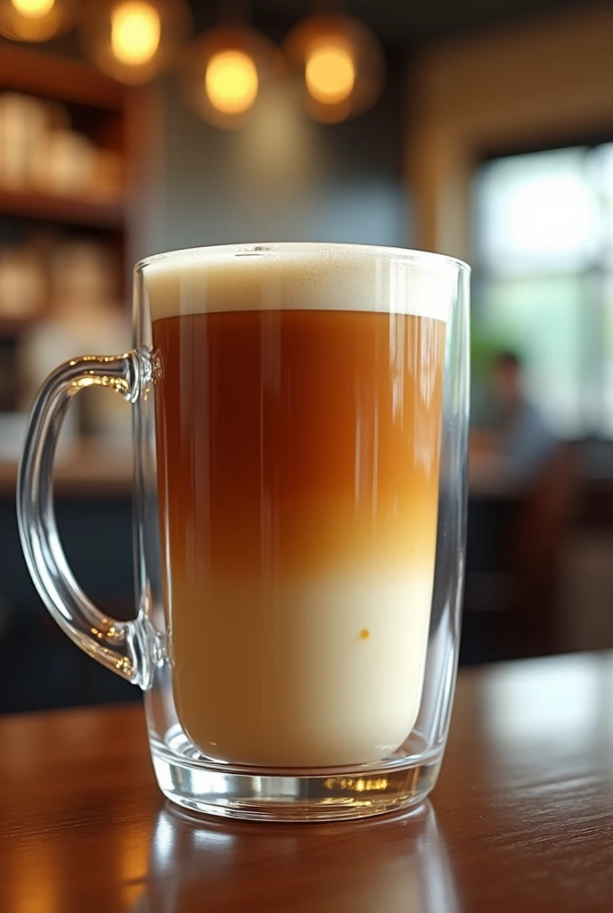 a transparent big mug, tea with a thin layer on top, a lot of condensed milk on the bottom, cafe background, photorealistic, high quality, 8k, HDR, studio lighting, vibrant colors, intricate details