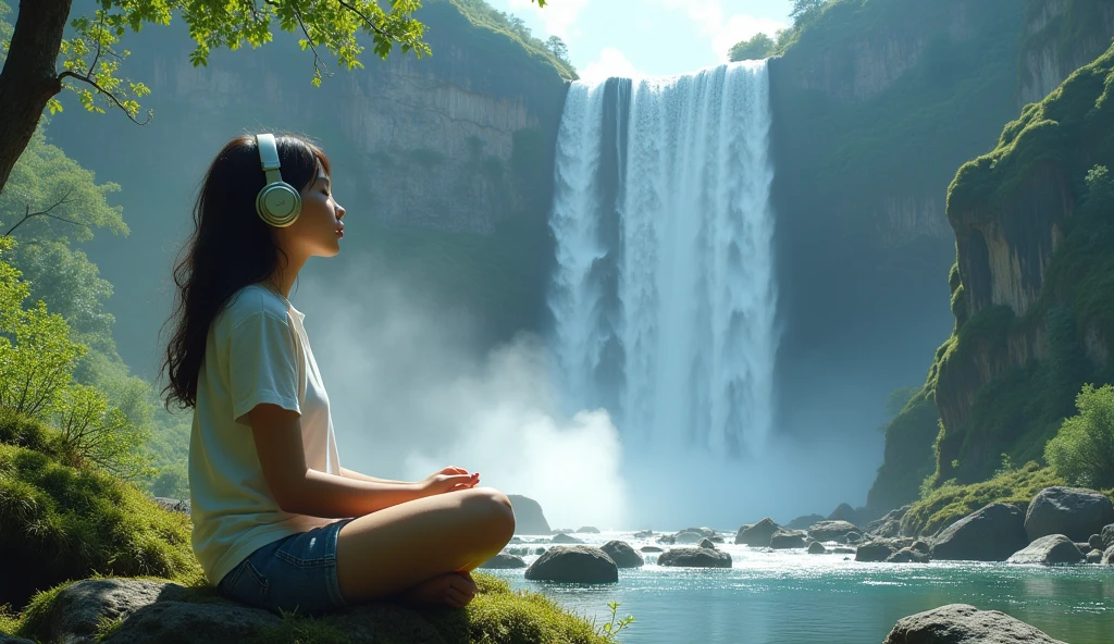 A girl sitting in front of huge waterfall, enyoying music uaing headset. 