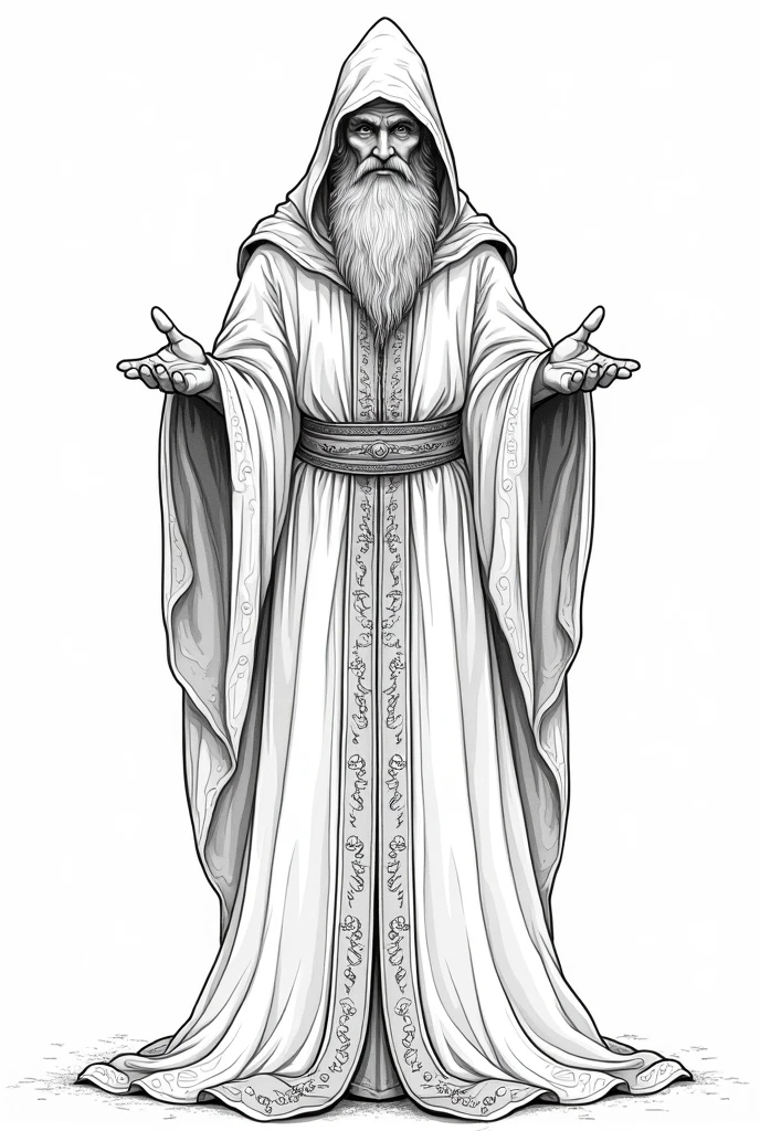 A 4k quality adult coloring book page of a wizard, based on historic writings, high detail, no color, no darkened areas, no grey scale, no shadow.