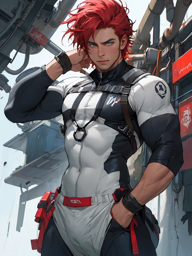 (Best quality), masterpiece, very courageous and courageous, extremely detailed, 2k wallpaper, amazing, finely detail, extremely detailed, 8k wallpaper, huge file size, ultra detailed, a high resolution, (1 person), realistic face, realistic body, man, 30 years, very short haircut, shaved temples, Red hair, Blue eyes, thick stubble, He is dressed in a one-piece black spandex suit, the upper part of the suit is unbuttoned and hangs from his hips,
open chest, on the background of the tavern