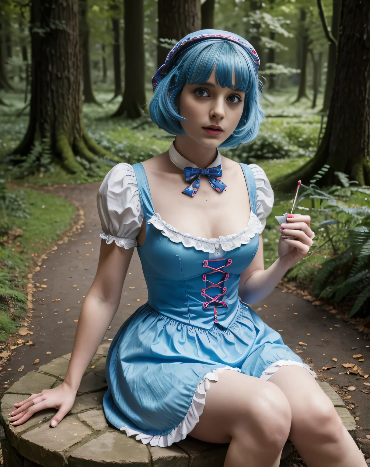 Britenay spirs 1 disguised as alice in wonderland on a drug binge,​masterpiece, realisti, best quality, photorealistic, 4K, 8k, High Resolution, ultradetailed, short hair, blue hair