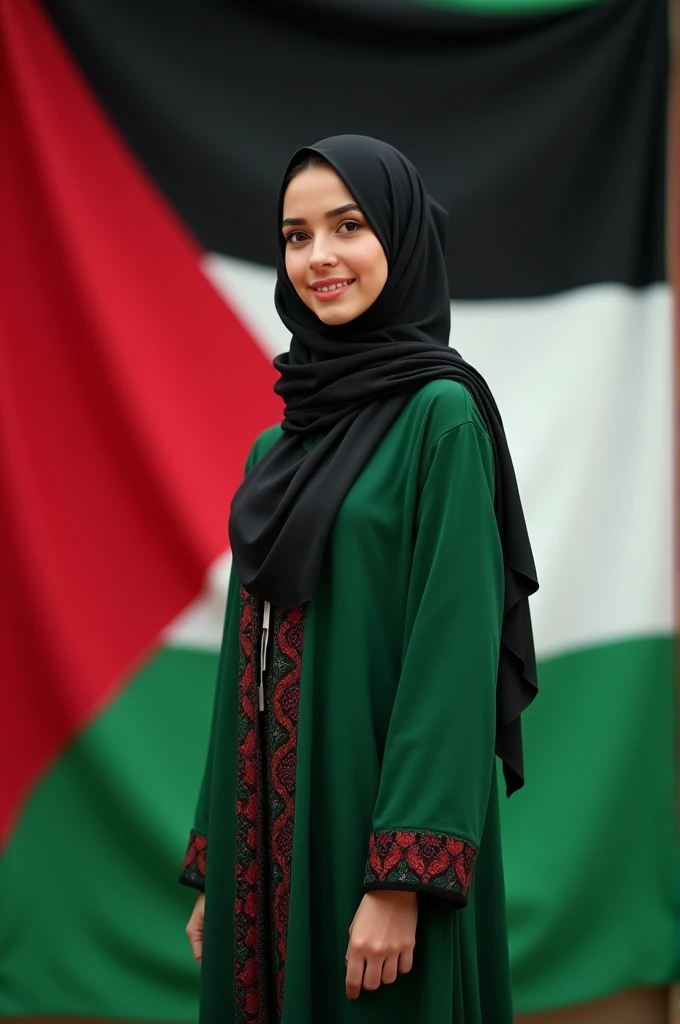 realistic,highres,reality,creative,huge filesize, Palestine flag a Emma Watson wearing a black shirt with a palestine flag,free palestine real:2,8k, hyper detailed, cinematic lighting, trending on Artstation