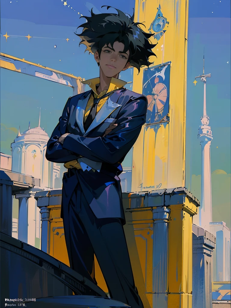 (masterpiece、top-quality、top-quality、Detailed and complex、official art、aesthetically pleasing:1.3)、(Spike spiegel)(Standing on a rooftop) (realistic art:1.3) Black hair、blue suit, yellow shirt with tie. Moon and stars background. 