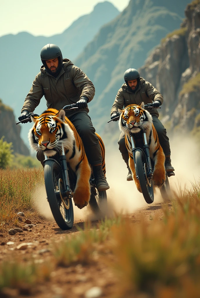 PHOTOGRAPHY in better quality (( masterpiece))
Two bikers riding a tiger each, in competition mode on the Epic Realistic field