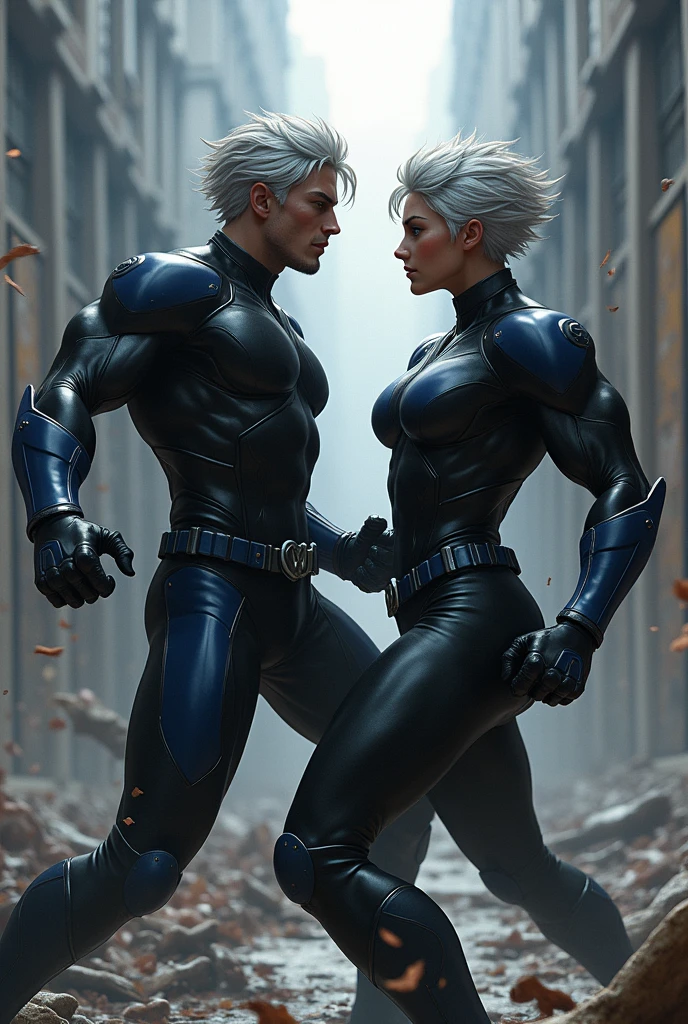 Deux personnage de manga de style shōnen, avec une silhouette athlétique. Il porte un costume de héros ajusté, de couleur noire avec des accents bleu foncé. Sur sa poitrine, il y a un grand emblème en forme de la lettre 'W' stylisée ensemble avec une femme un emblème en forme de la lettre L. Les personnage ont des cheveux ébouriffés, mi-longs et de couleur argentée. Leurs yeux sont perçants, avec une lueur déterminée. On doit voir aussi un scène de combat 


Du vrai réaliste comme capitaine américain et l'agent Romanov 