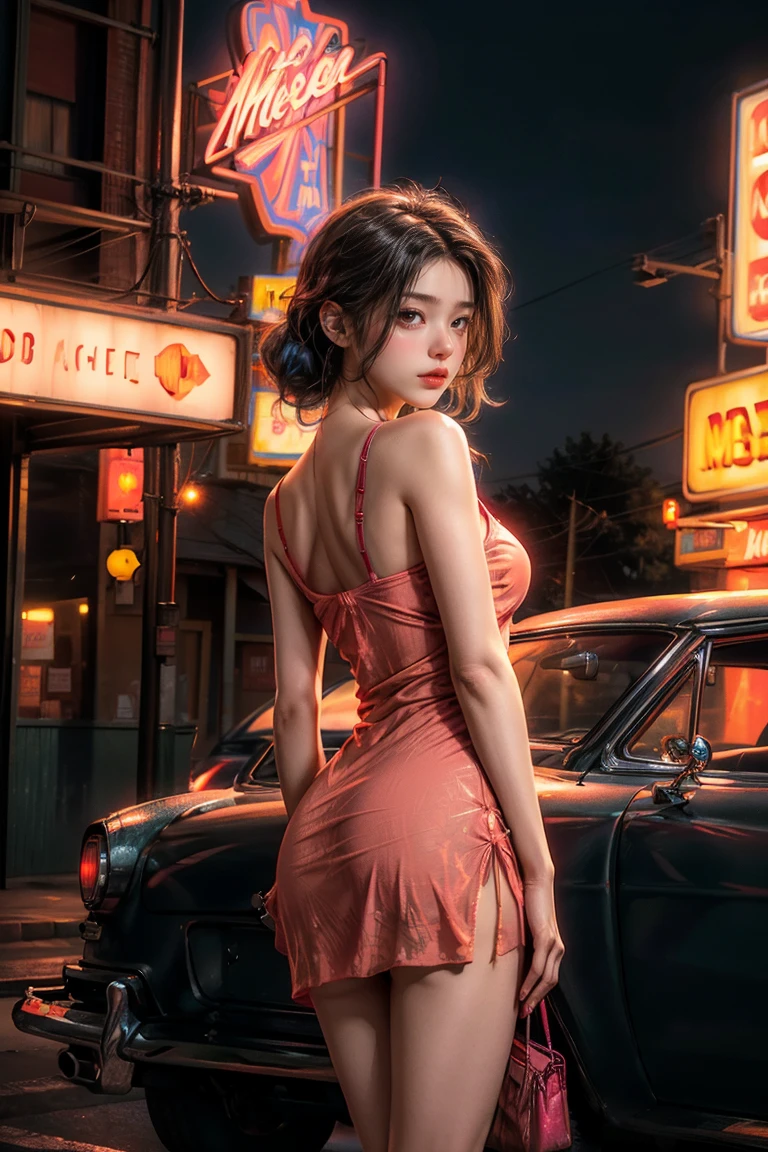 ((masterpiece, best quality, Best image quality, high resolution, realistic, raw photo, 8K)), Araped view of motel with cars parked in front, with neon sign, Prostitute waiting for customers in front of motel, Temptation, short dress and high heels, ((panties peek out from under very short dress)), route 66, neon sign, 1 9 5 0 Second Americana Tourism, some have neon sign, Neon Lights Outside, neon advertising, gigantic neon sign, neon stores, few neon sign, neon sign in background, girl has look of temptation on her face