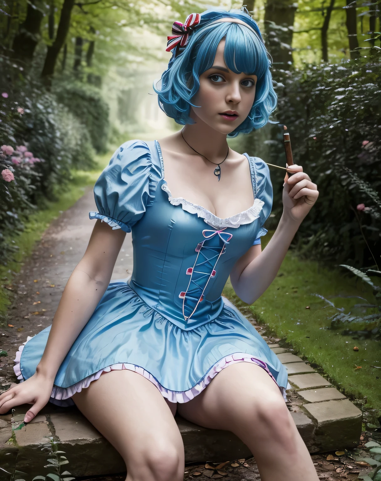 Britenay spirs 1 disguised as alice in wonderland on a drug binge,masterpiece, realisti, best quality, photorealistic, 4K, 8k, High Resolution, ultradetailed, short hair, blue hair