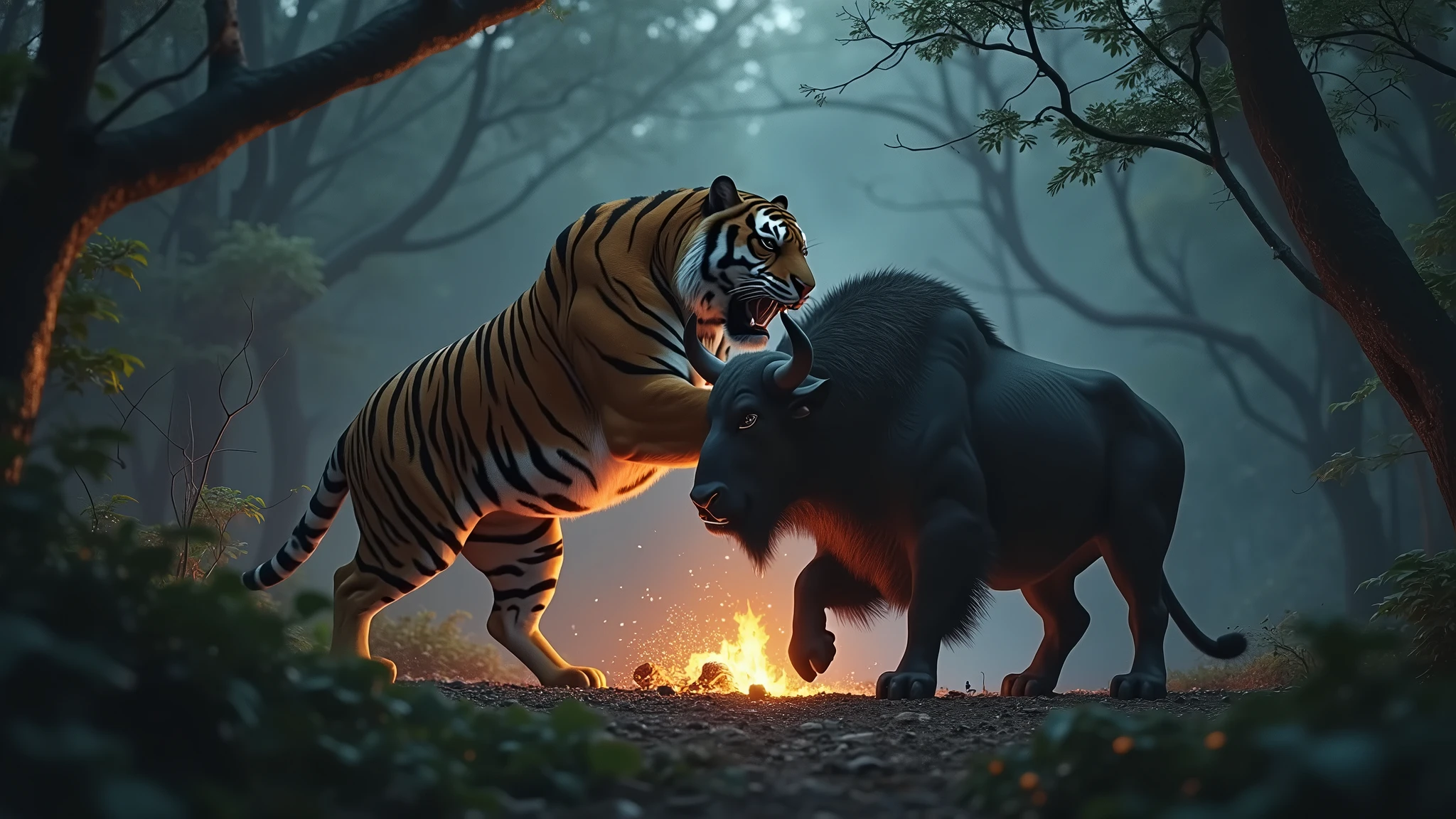 One big monster tiger chase attack one buffalo in the forest at night nearby the fire 8k  