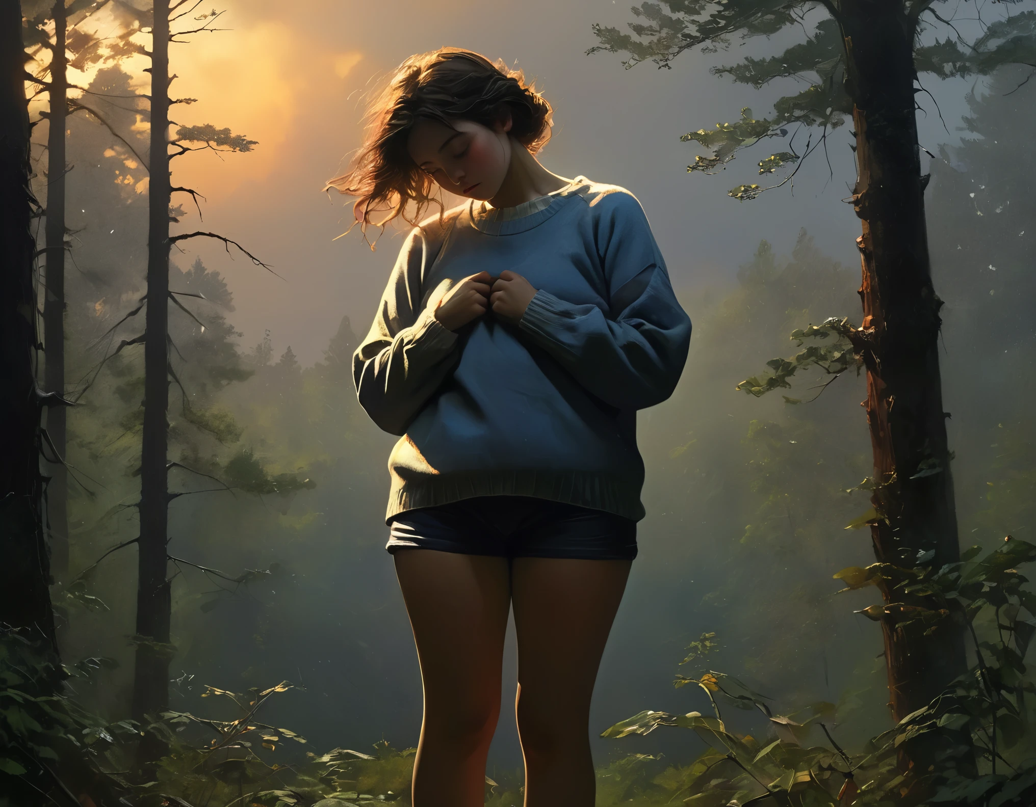 (1 girl) (masterpiece, best quality) ((the chubby camp councilor is sad she wont see you until next year)) , ,  , (stormy dark sky, sunset, raining) (beautiful forest background)
((Melancholy emotions:1.4)), ((realistic oil painting)) art by norman Rockwell, ((heavy, huge, full chest)) (safe for work:1.3), (dynamic angle), (dynamic pose), ((realistic anime style)) ((full body picture)) , ((sweater and panties))