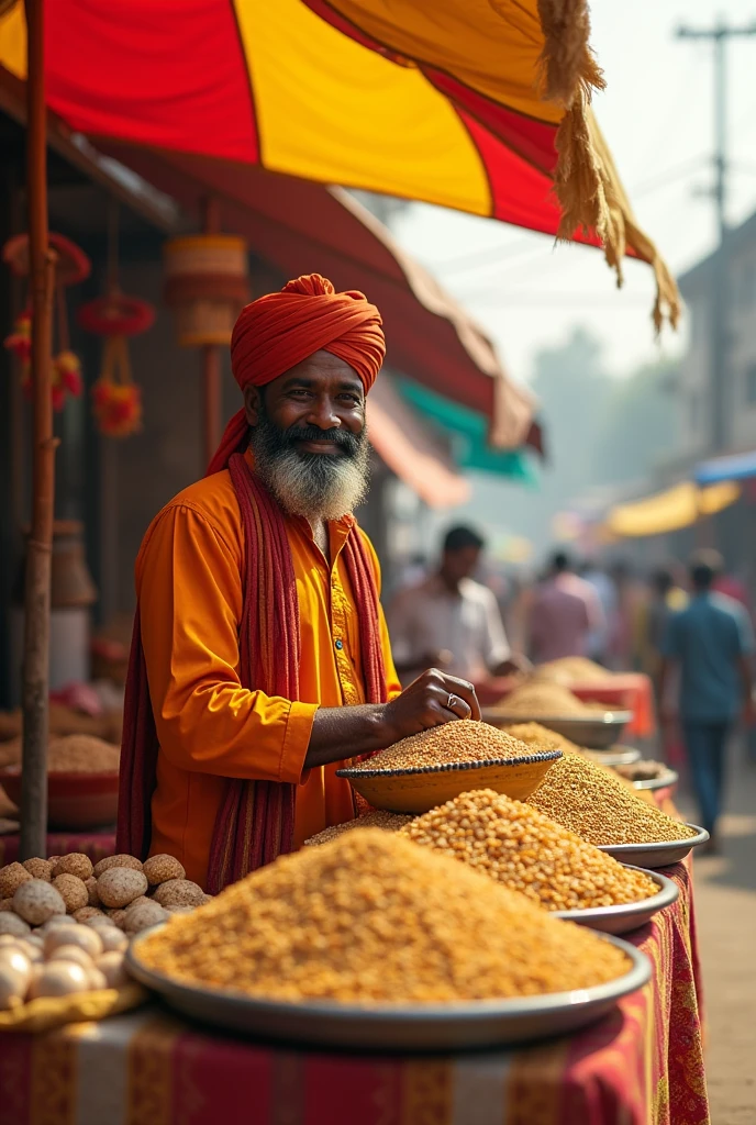 A black man from karnataka with yellow and red flag behind his stall selling finger Millet and ragi balls