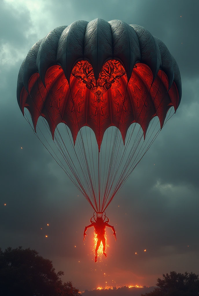 a parachute that opens with demonic patterns and fire.